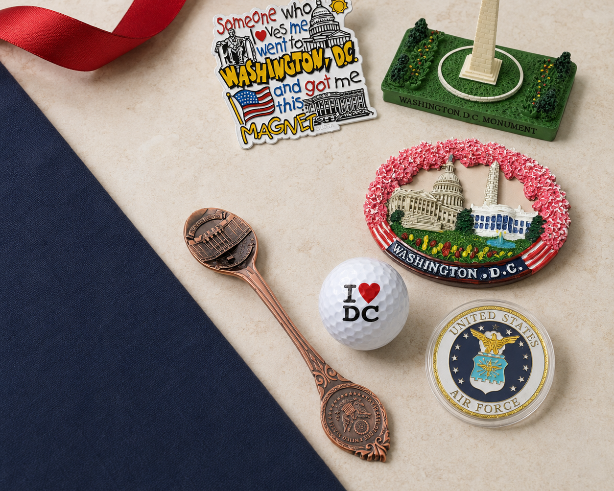 Affordable Washington DC gifts under $10, including magnets, a souvenir spoon, golf ball, Air Force coin and Washington Monument replica.