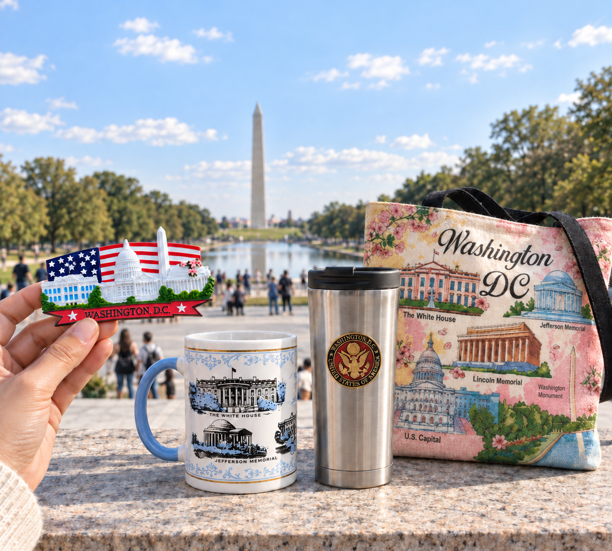 Washington DC magnet, landmark mug, travel tumbler and tote bag displayed near the National Mall with the Washington Monument in the background.