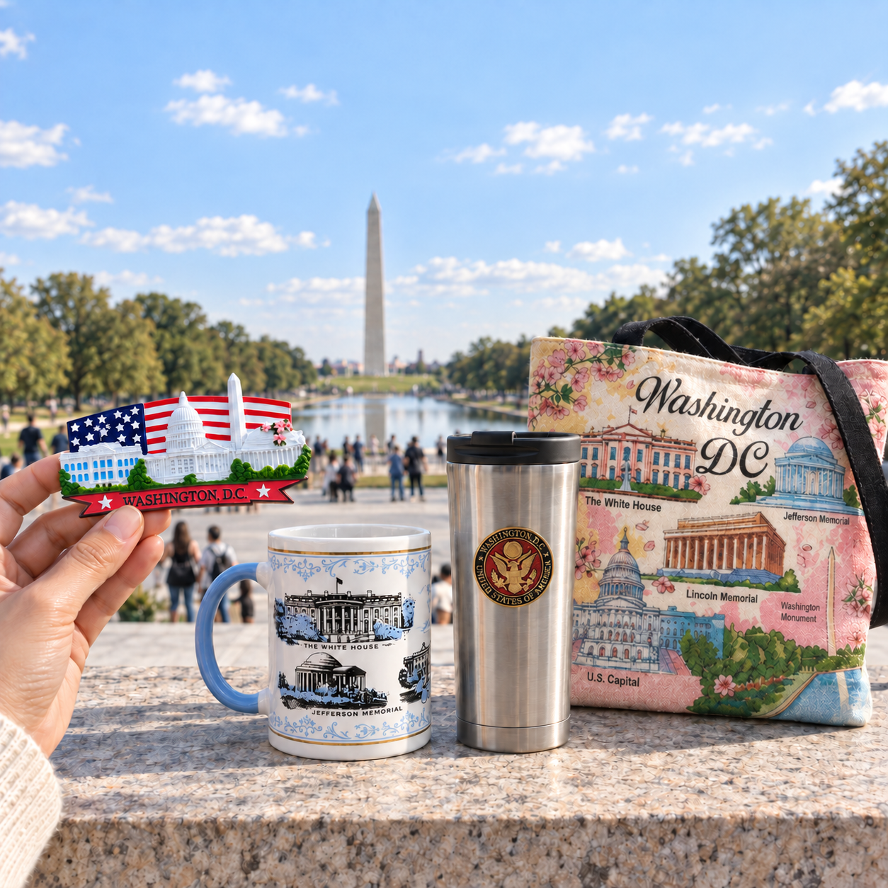 Washington DC magnet, landmark mug, travel tumbler and tote bag displayed near the National Mall with the Washington Monument in the background.