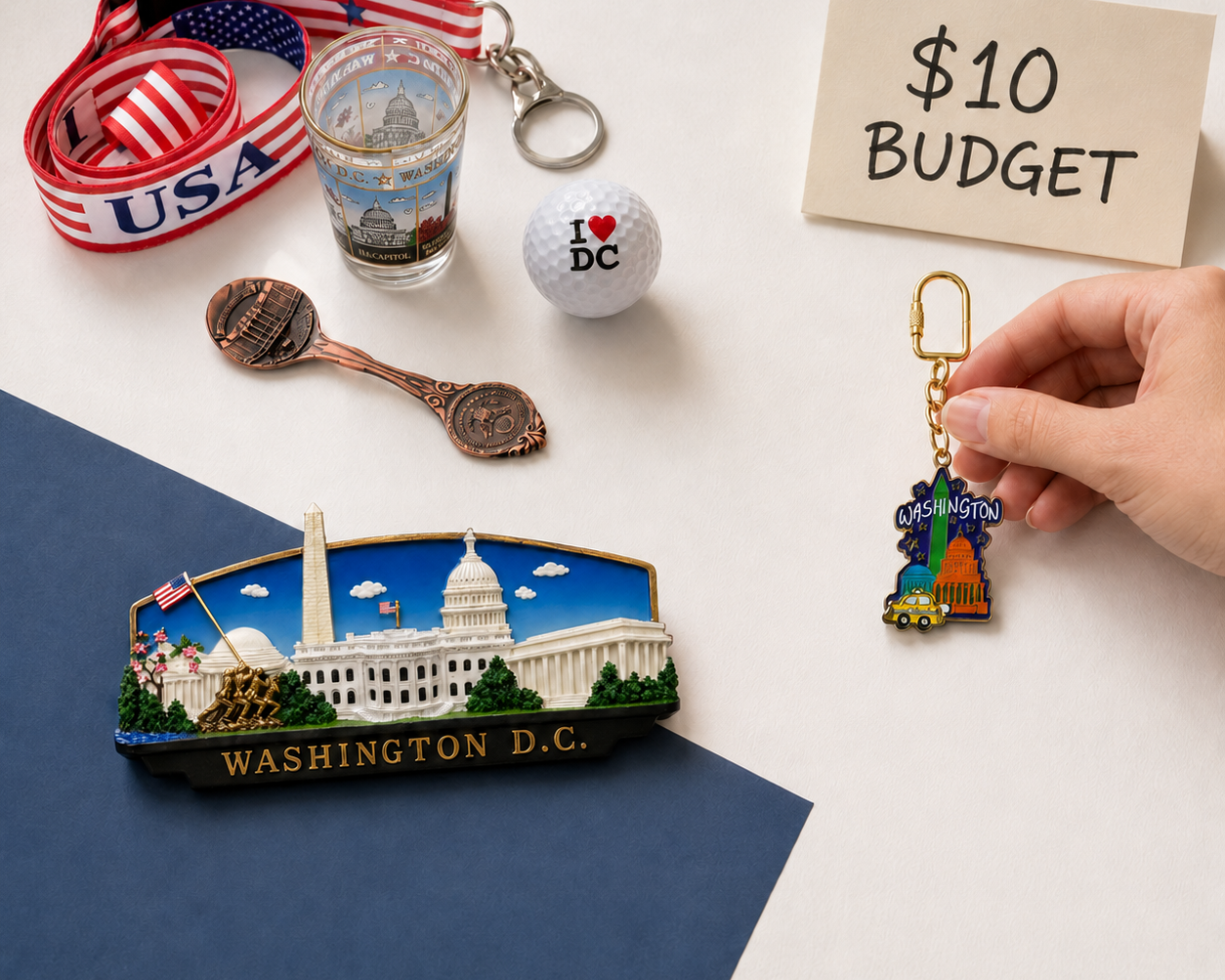 Washington DC souvenirs arranged for a $10 shopping challenge, including a magnet, keychain, lanyard, shot glass, golf ball and souvenir spoon