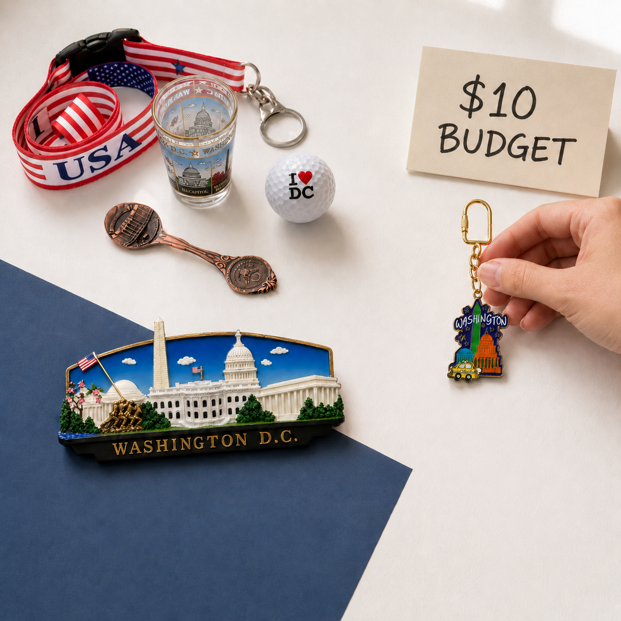 Washington DC souvenirs arranged for a $10 shopping challenge, including a magnet, keychain, lanyard, shot glass, golf ball and souvenir spoon