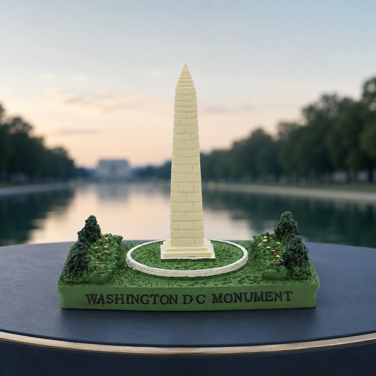 Miniature Washington Monument souvenir displayed with the Reflecting Pool in the background.