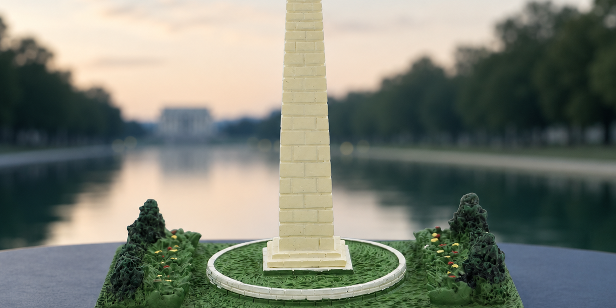 Miniature Washington Monument souvenir displayed with the Reflecting Pool in the background.