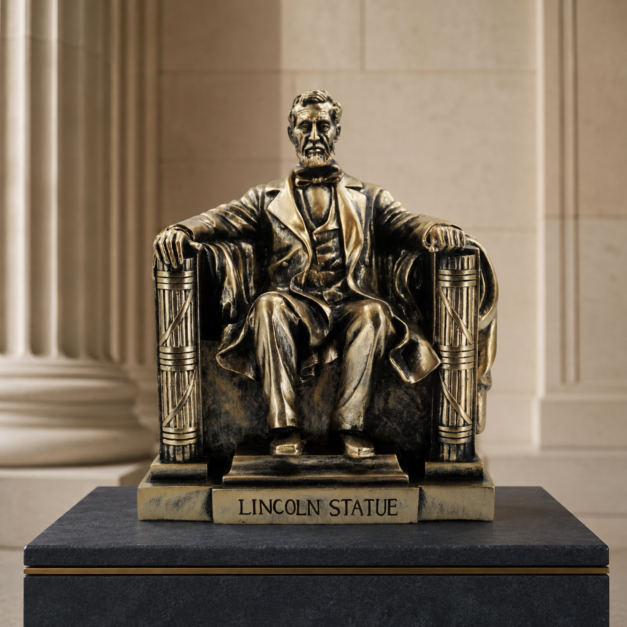 Bronze-tone Abraham Lincoln souvenir statue displayed in a Lincoln Memorial-inspired setting.