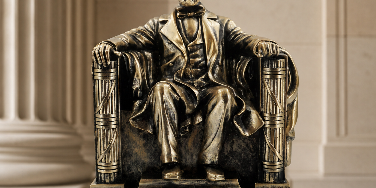 Bronze-tone Abraham Lincoln souvenir statue displayed in a Lincoln Memorial-inspired setting.