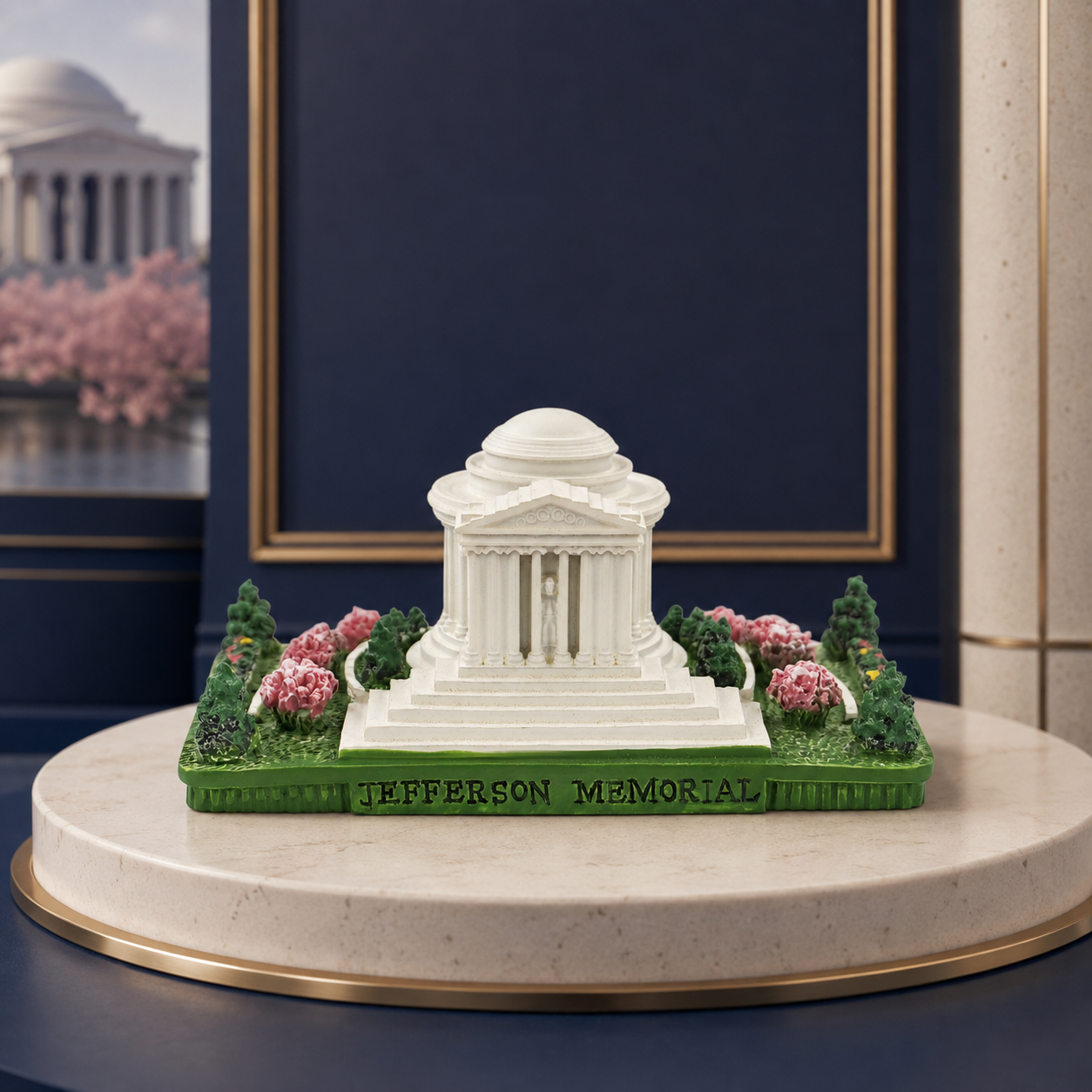 Jefferson Memorial miniature replica with cherry blossoms displayed on a navy museum-style backdrop.