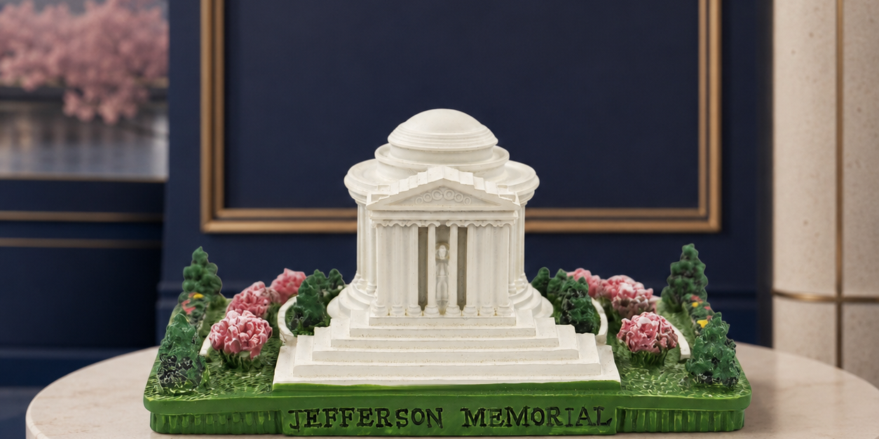Jefferson Memorial miniature replica with cherry blossoms displayed on a navy museum-style backdrop.
