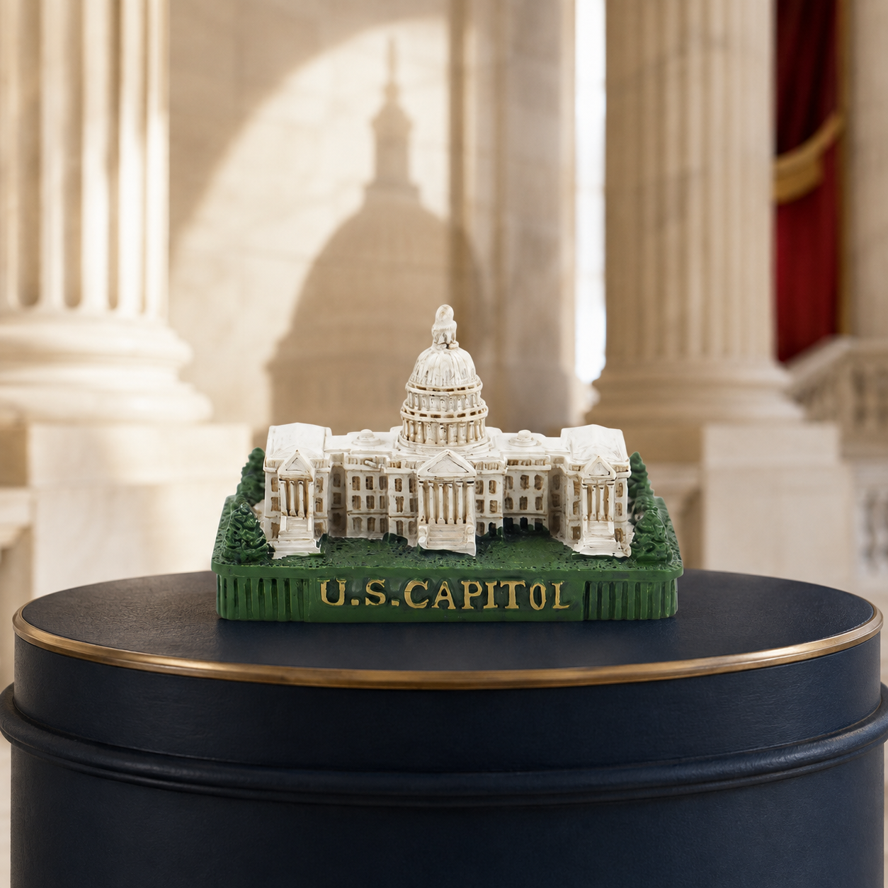 Miniature U.S. Capitol Building souvenir displayed on a navy museum-style stand.