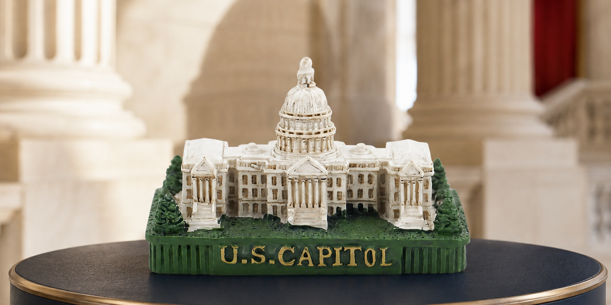 Miniature U.S. Capitol Building souvenir displayed on a navy museum-style stand.