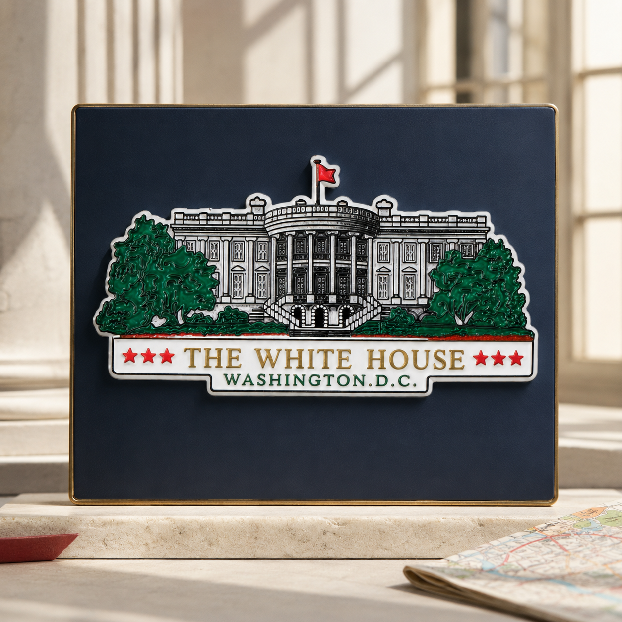 White House Washington DC souvenir magnet displayed on an elegant navy panel.