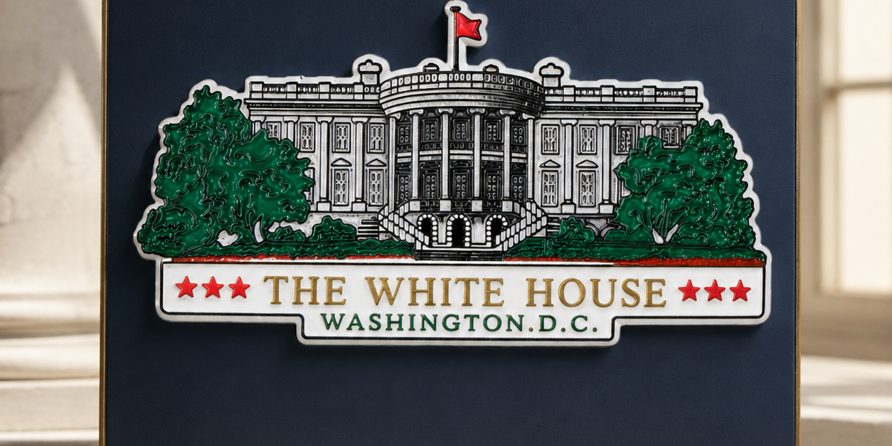 White House Washington DC souvenir magnet displayed on an elegant navy panel.