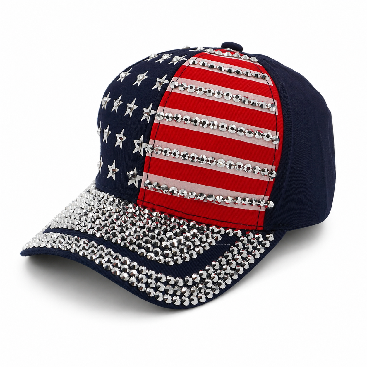 Cap with American flag design and rhinestone embellishments on a gray background