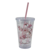 Clear tumbler with cherry blossom design and 'Washington D.C.' text on a gray background