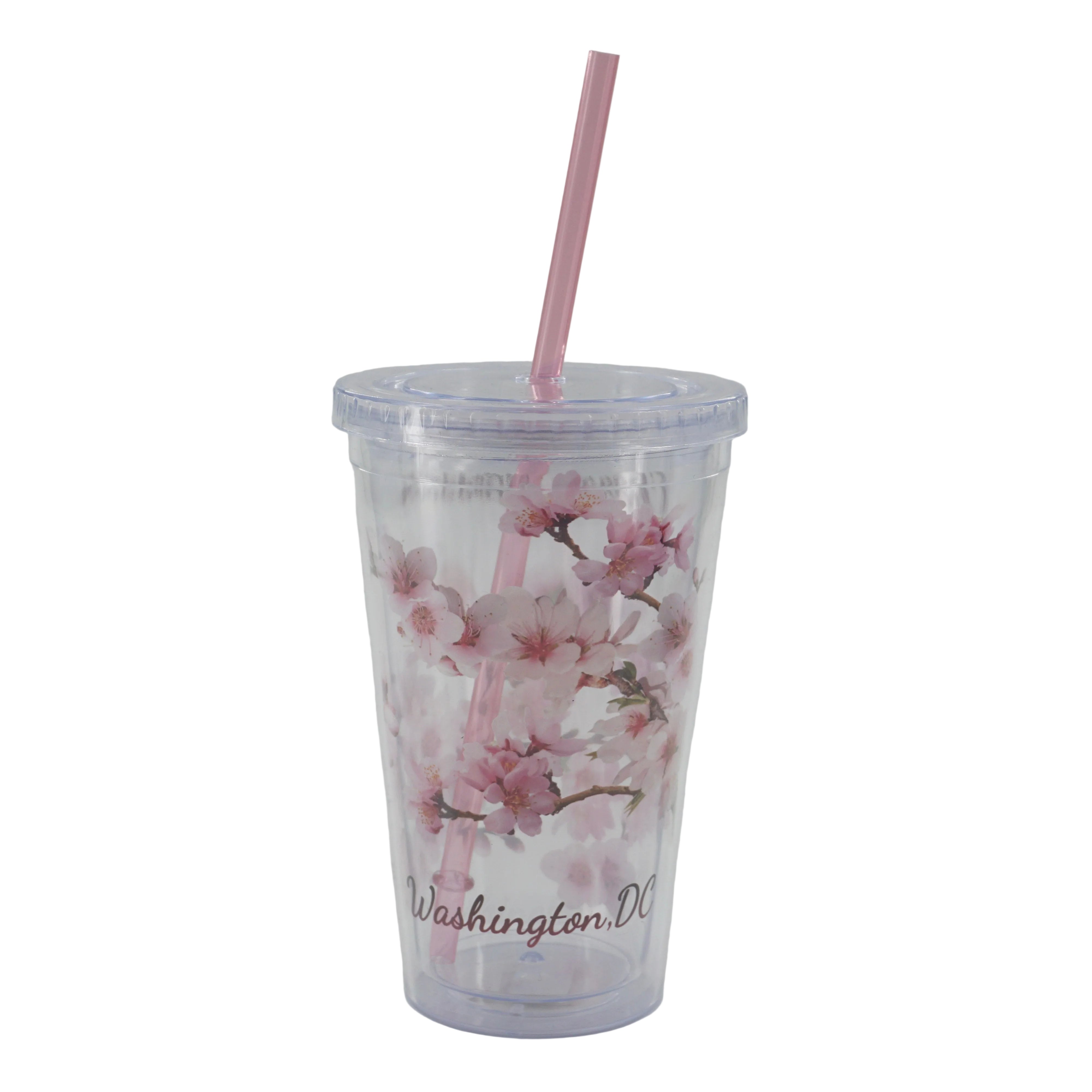Clear tumbler with cherry blossom design and 'Washington D.C.' text on a gray background