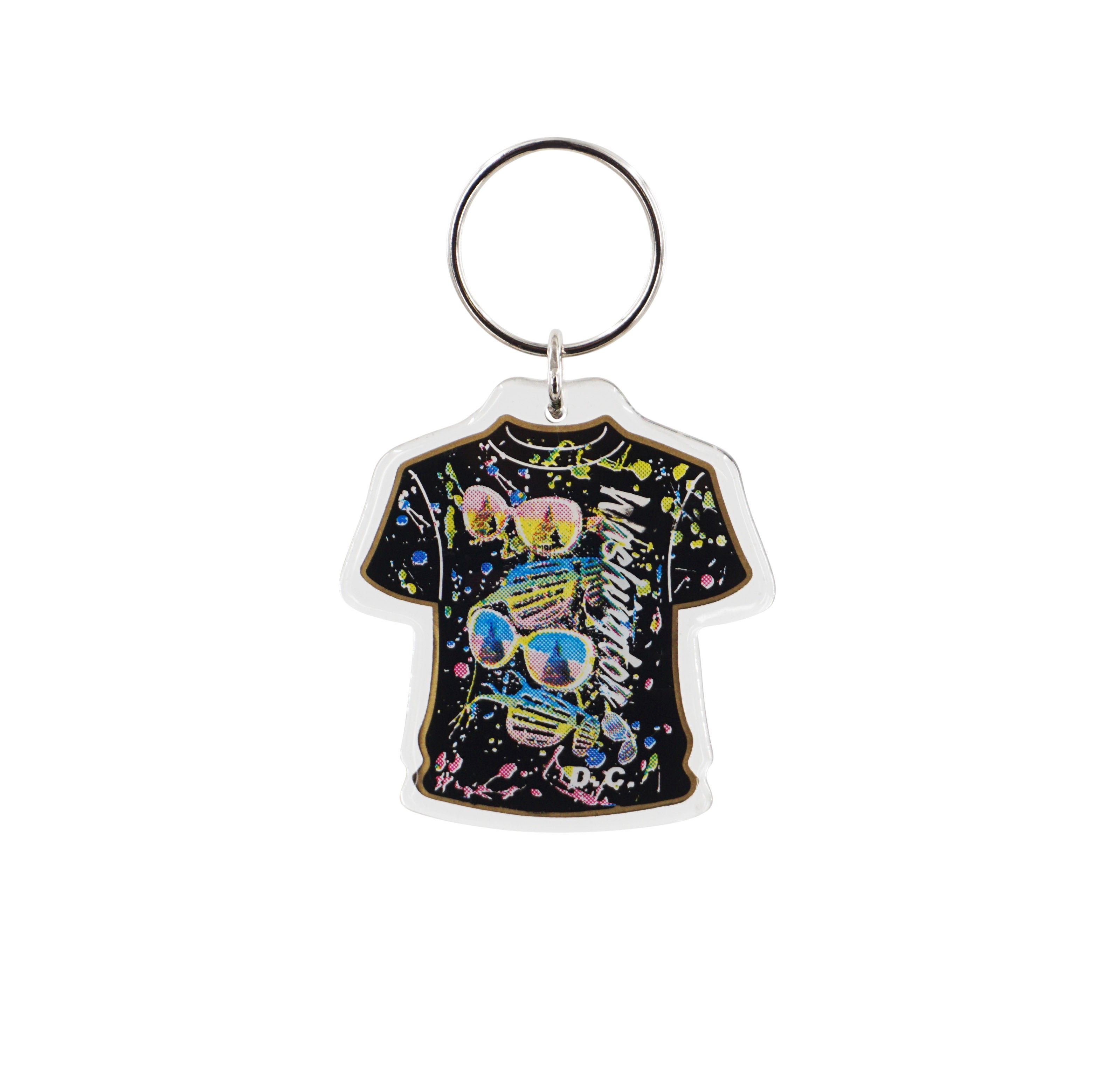 Washington DC T-shirt-shaped acrylic keychain featuring a colorful skull wearing sunglasses and a patriotic top hat.