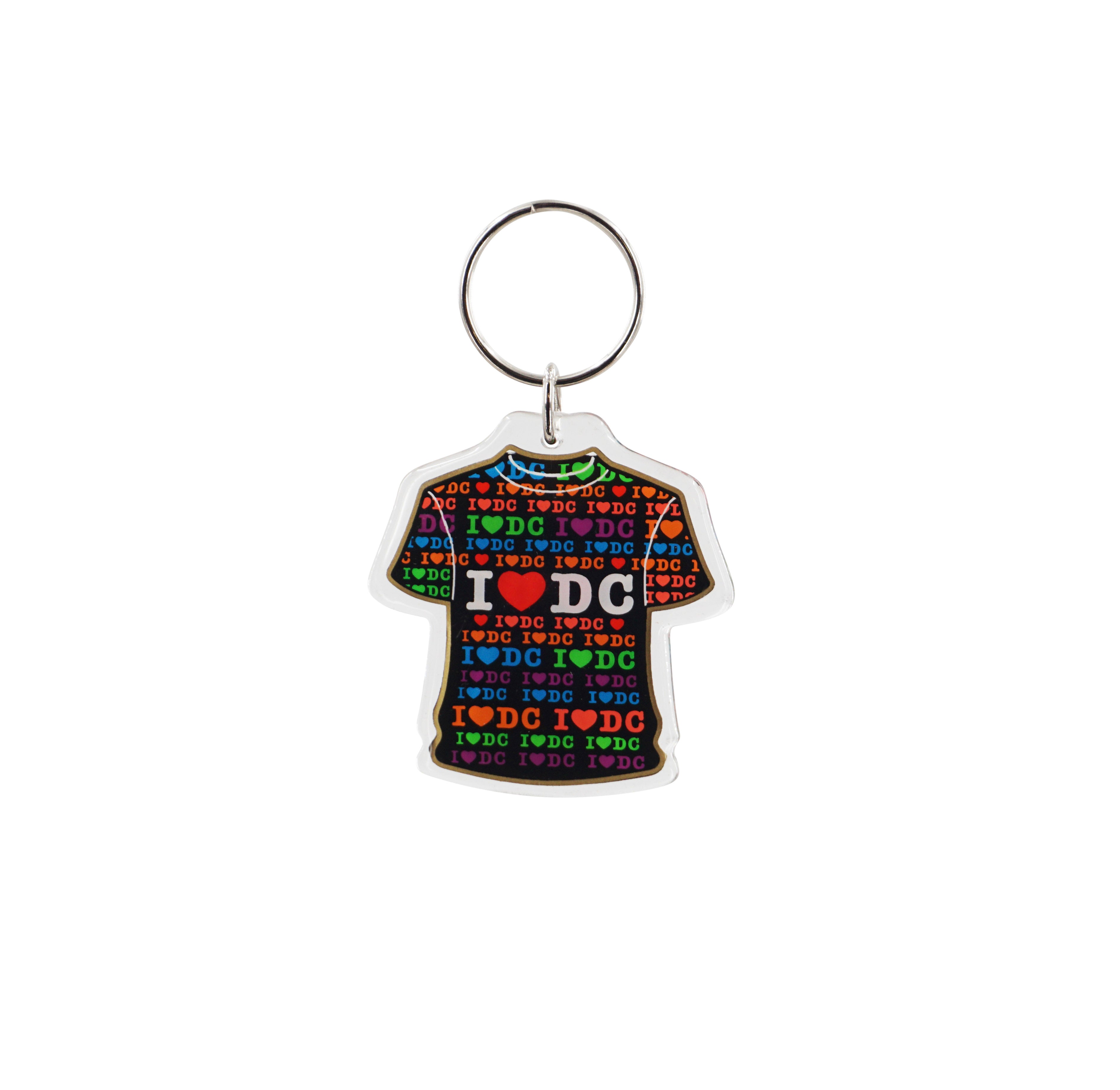 Keychain shaped like a t-shirt with 'I ❤️ DC' text pattern on a white background