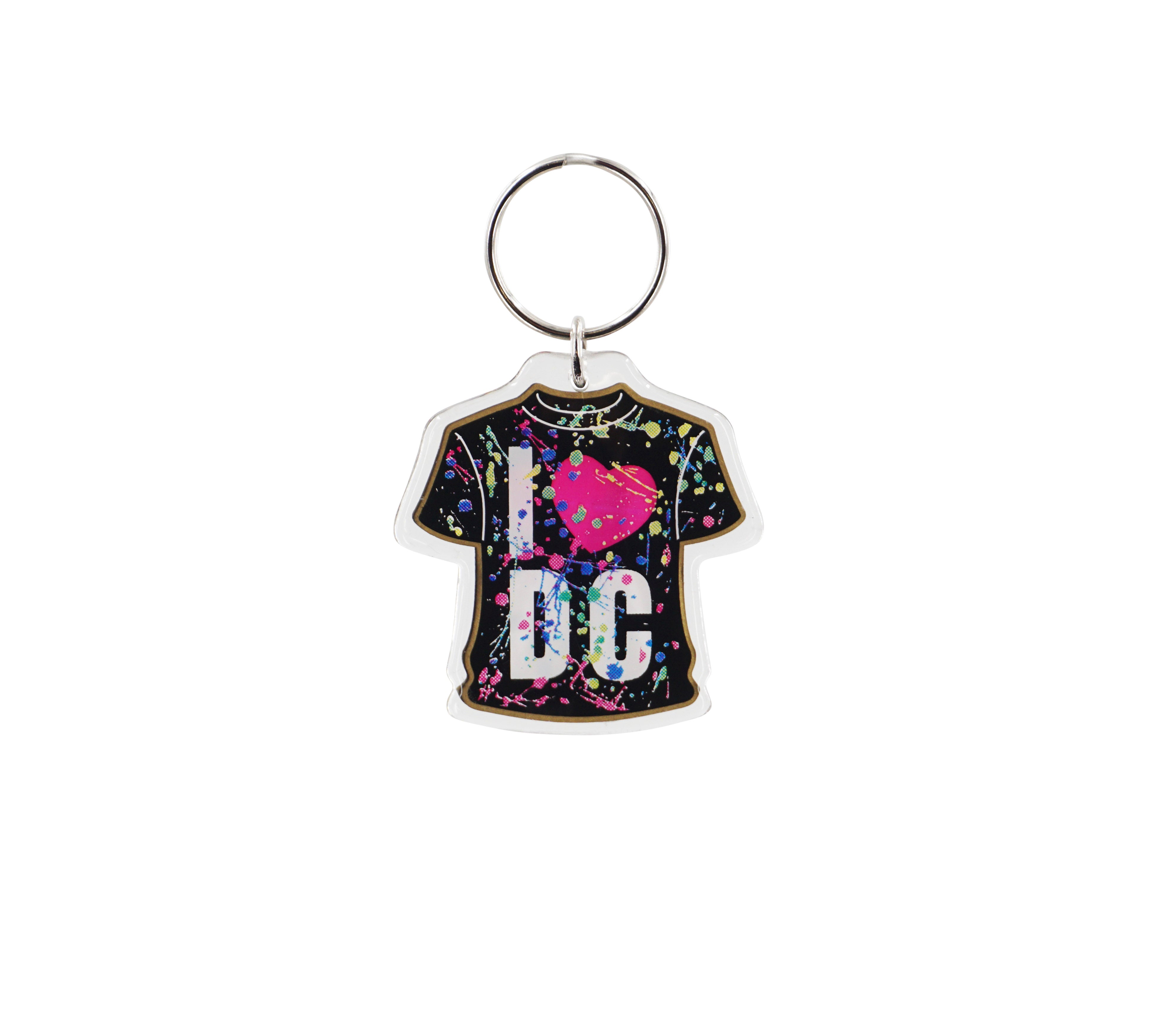 Keychain shaped like a t-shirt with 'I ❤️ DC' text on a black paint splattered background