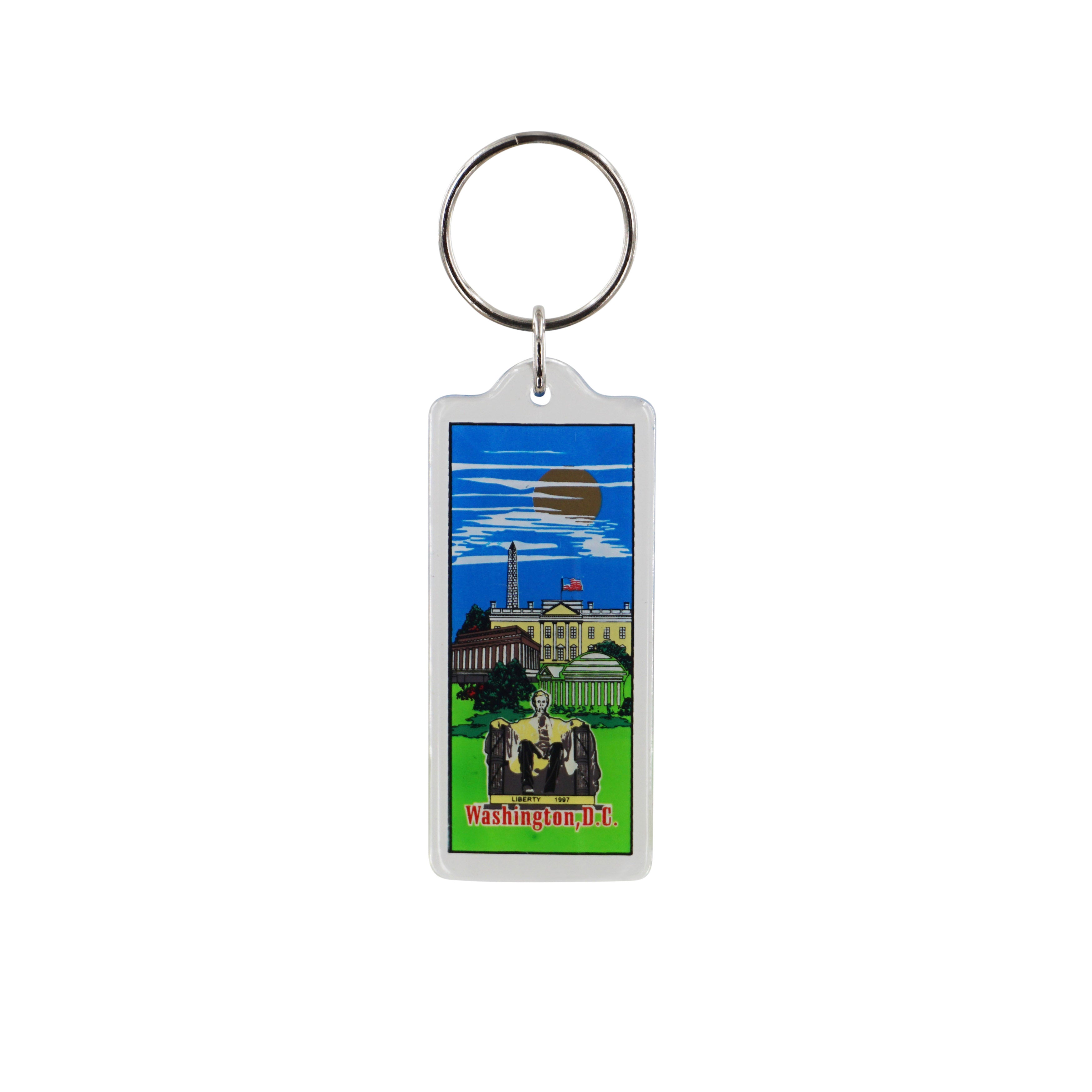 Washington DC landmark keychain featuring the Lincoln Memorial, White House, Washington Monument, and Jefferson Memorial.