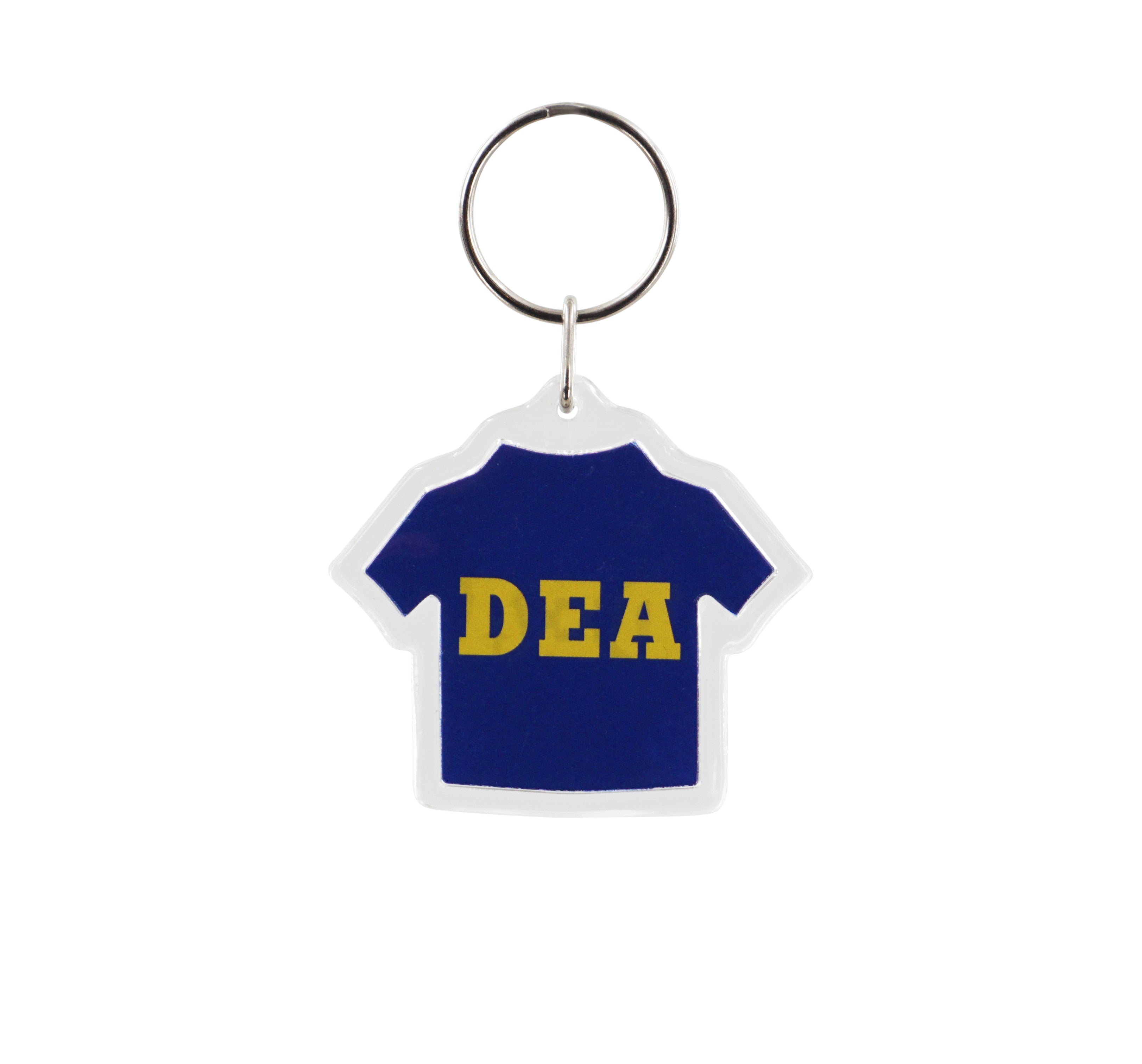 Keychain shaped like a blue t-shirt with 'DEA' text on a white background