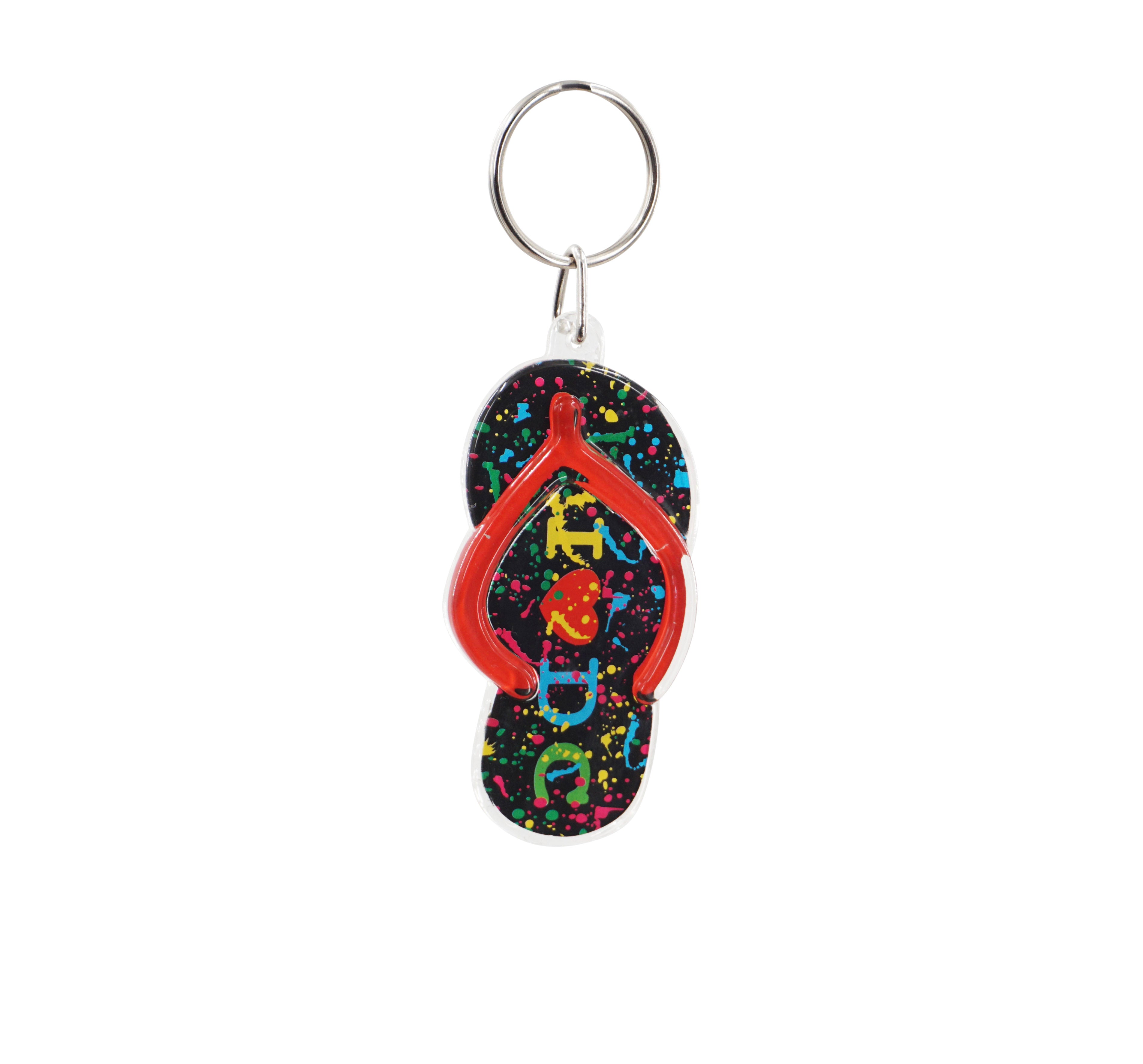 Flip-flop shaped keychain with colorful design on a white background