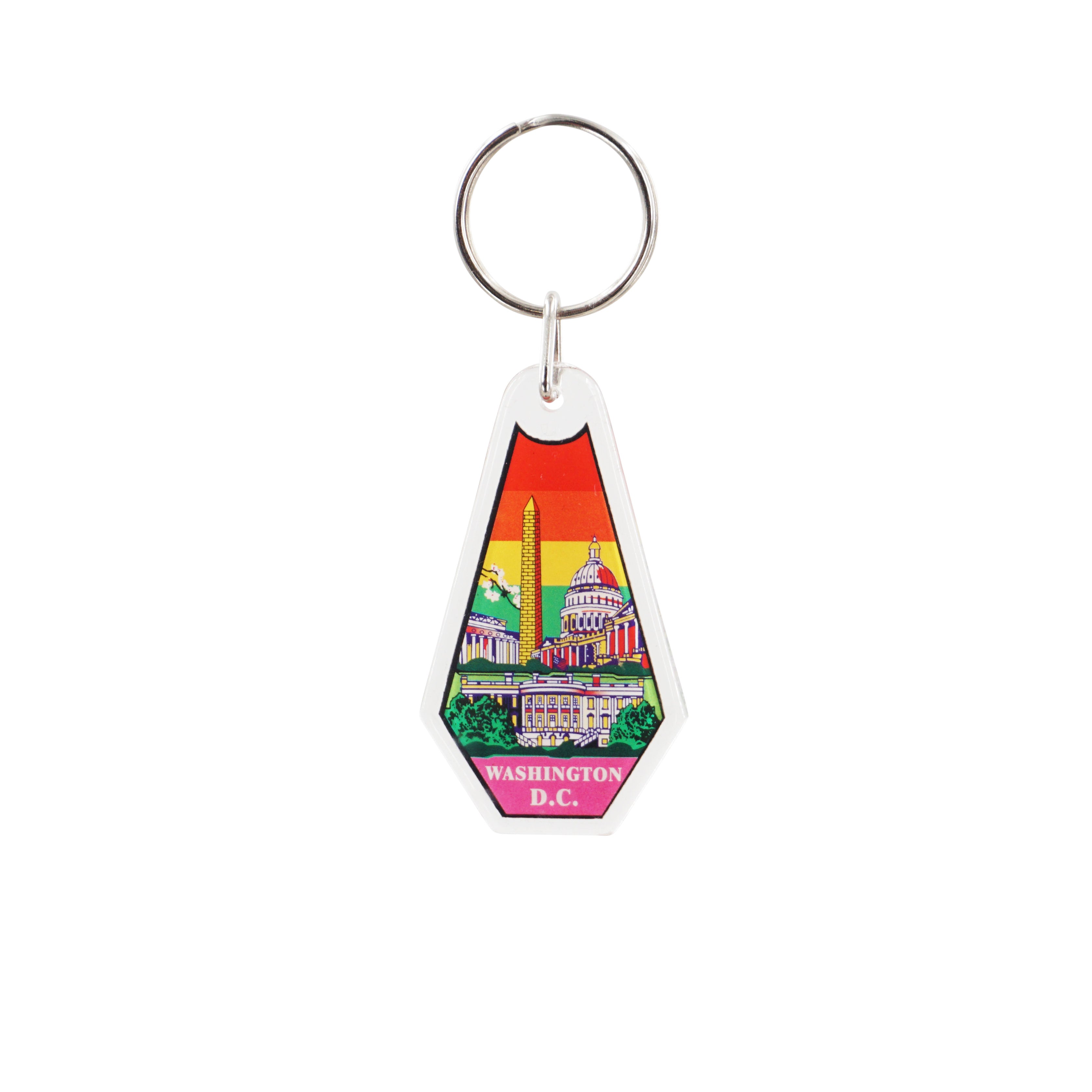 Colorful Washington DC acrylic keychain featuring the U.S. Capitol, Washington Monument, White House, and city landmarks.