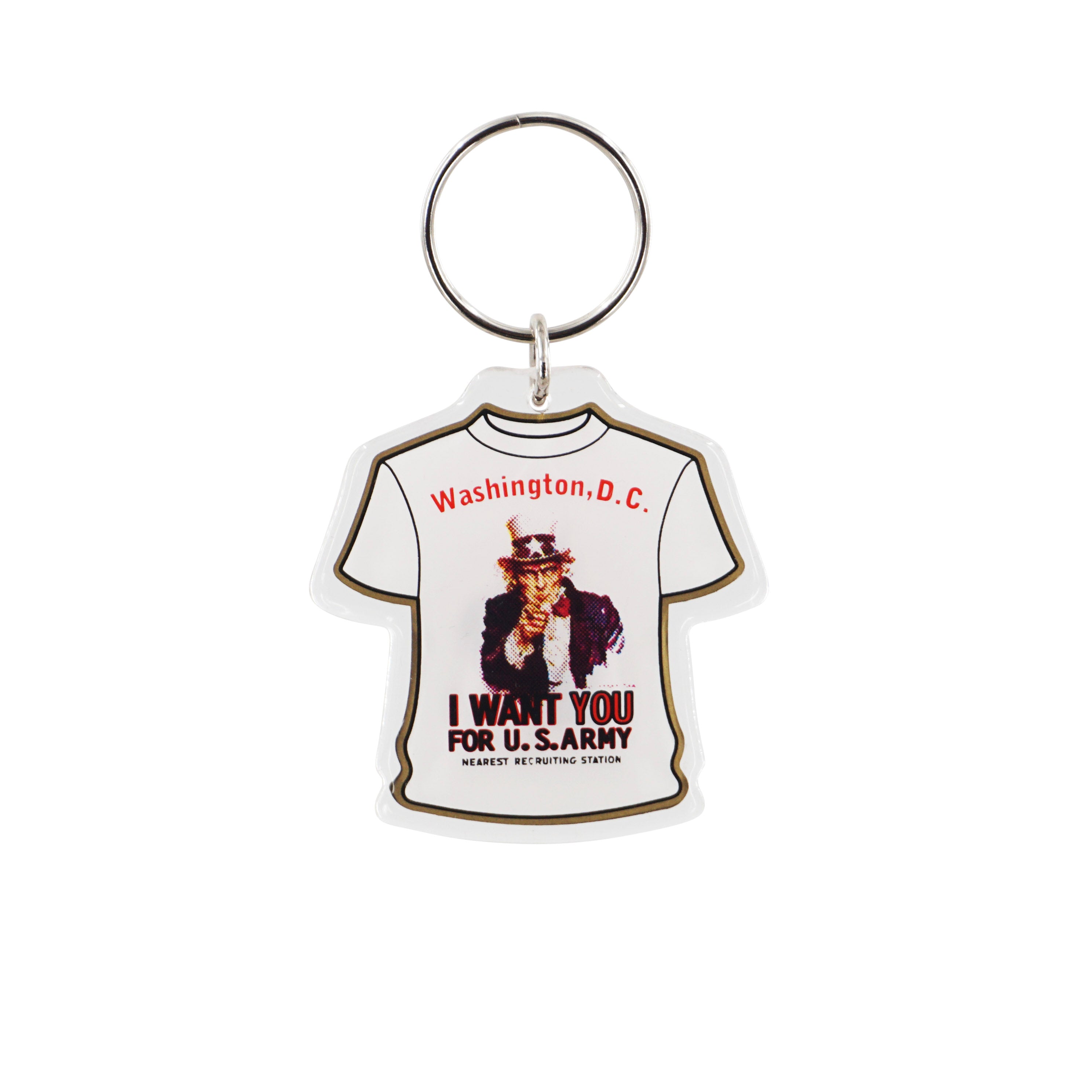 Keychain shaped like a t-shirt with Uncle Sam graphic and text on a white background