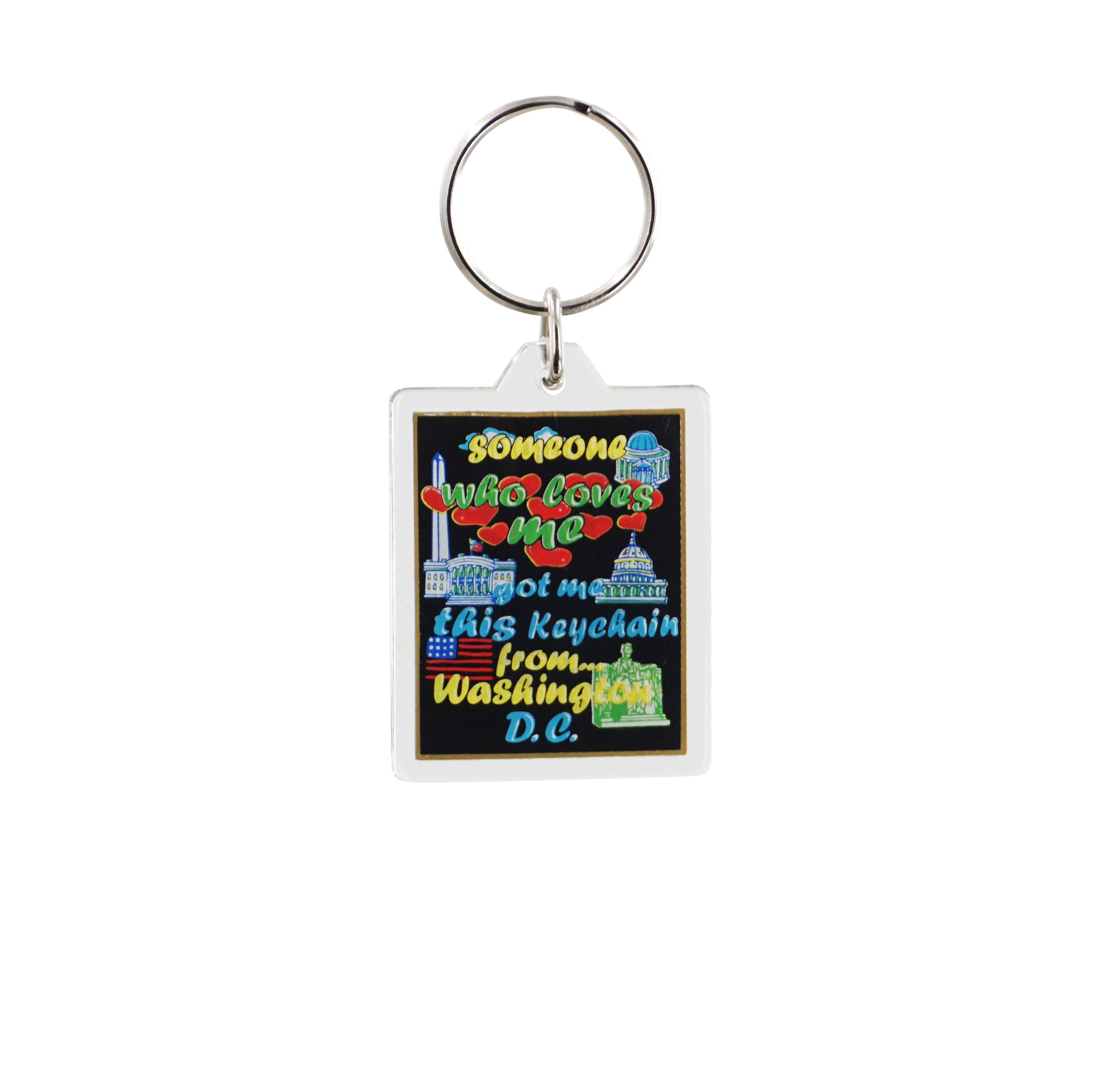 Washington DC souvenir keychain with colorful landmark illustrations, hearts, and “Someone Who Loves Me Got Me This Keychain From Washington D.C.” lettering.