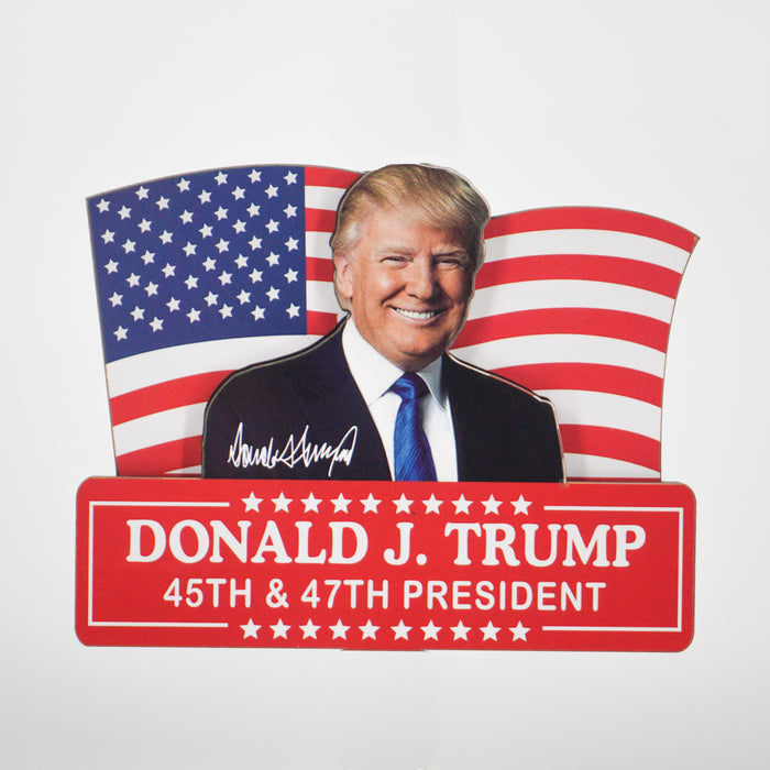 Trump 45th and 47th President & USA Flag Wood Magnet