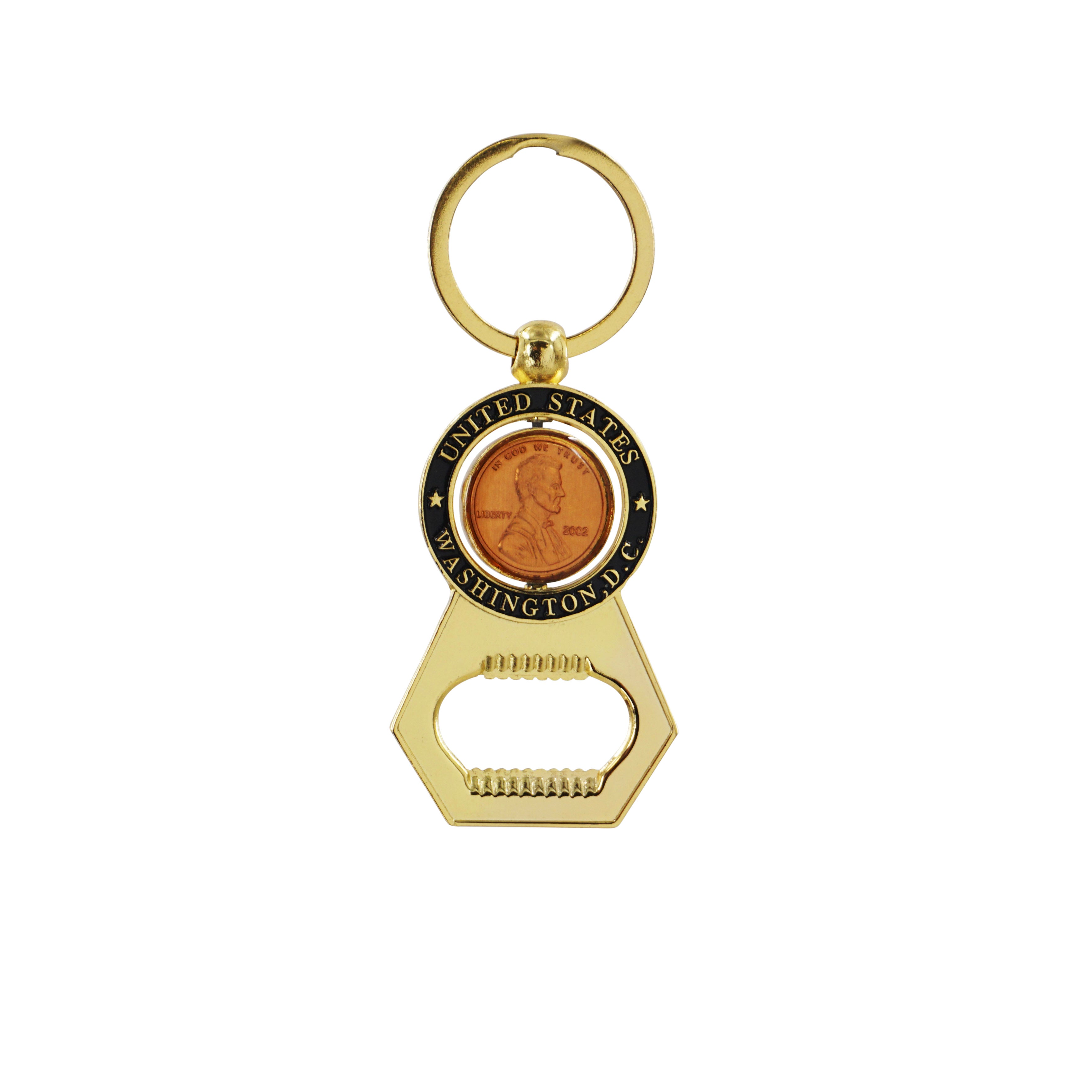 Gold-tone Washington DC bottle opener keychain featuring a rotating Abraham Lincoln penny medallion.
