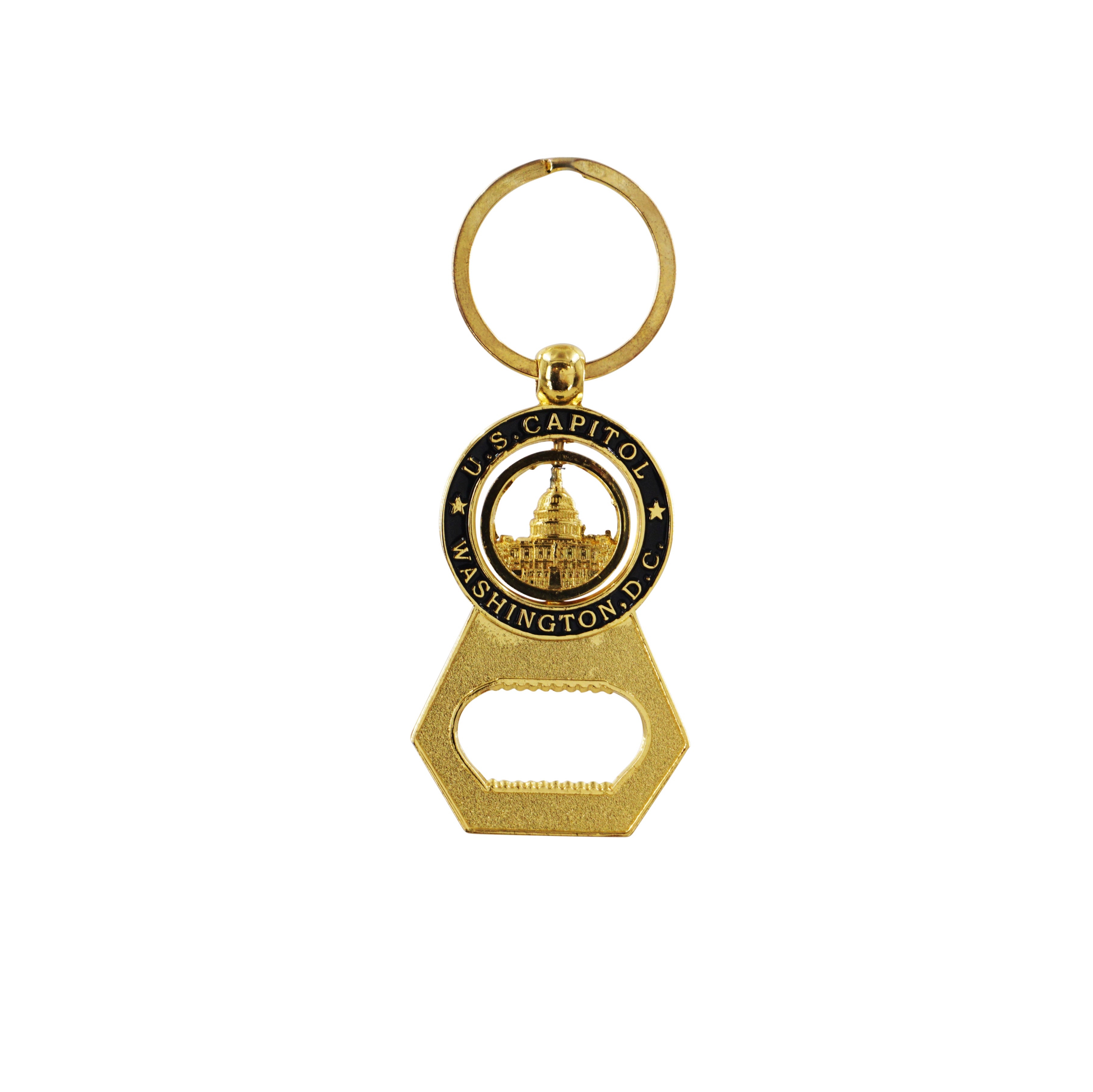 Gold-tone U.S. Capitol bottle opener keychain with a rotating Washington D.C. landmark medallion.
