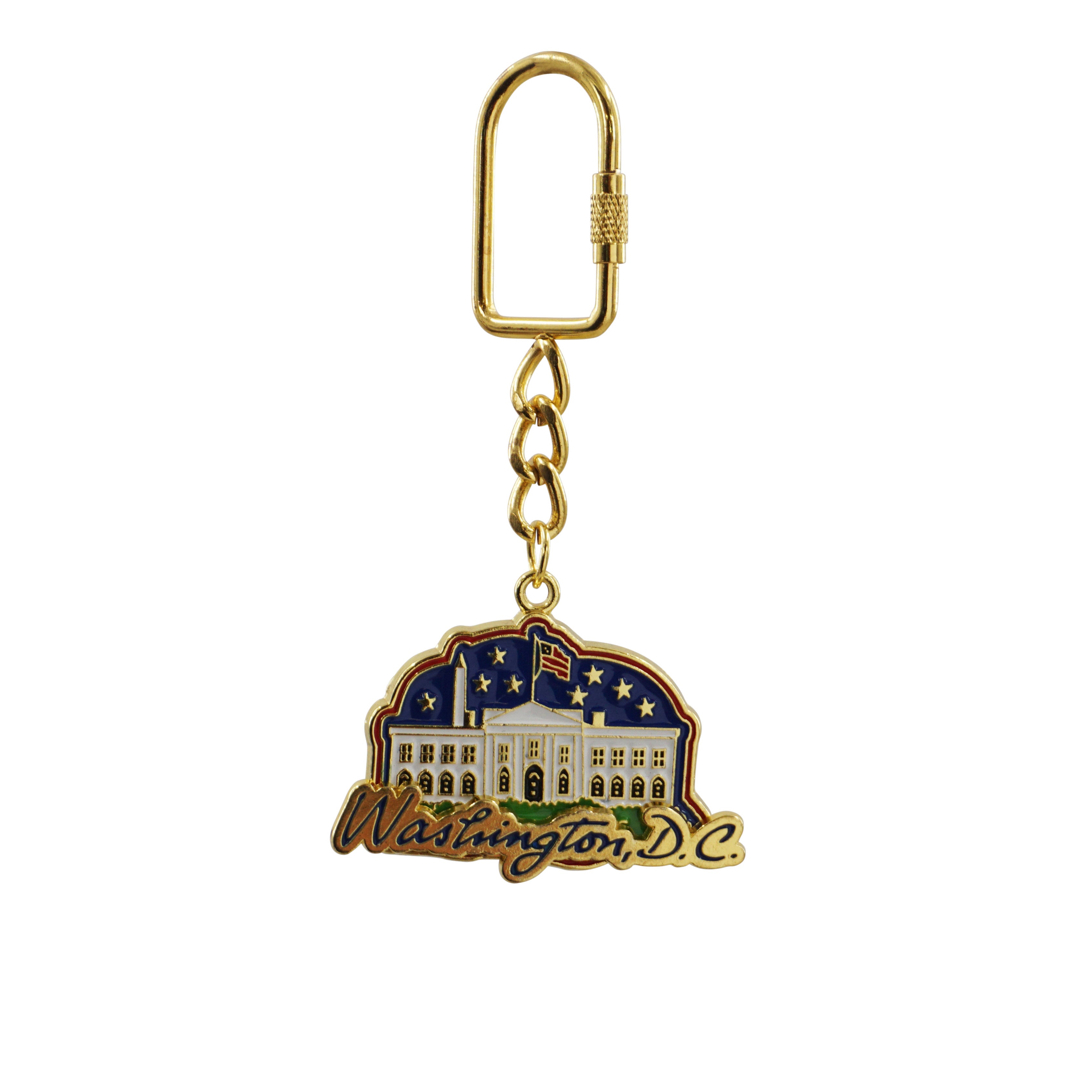 Gold-tone Washington DC White House keychain with American flag, stars, and blue enamel background.