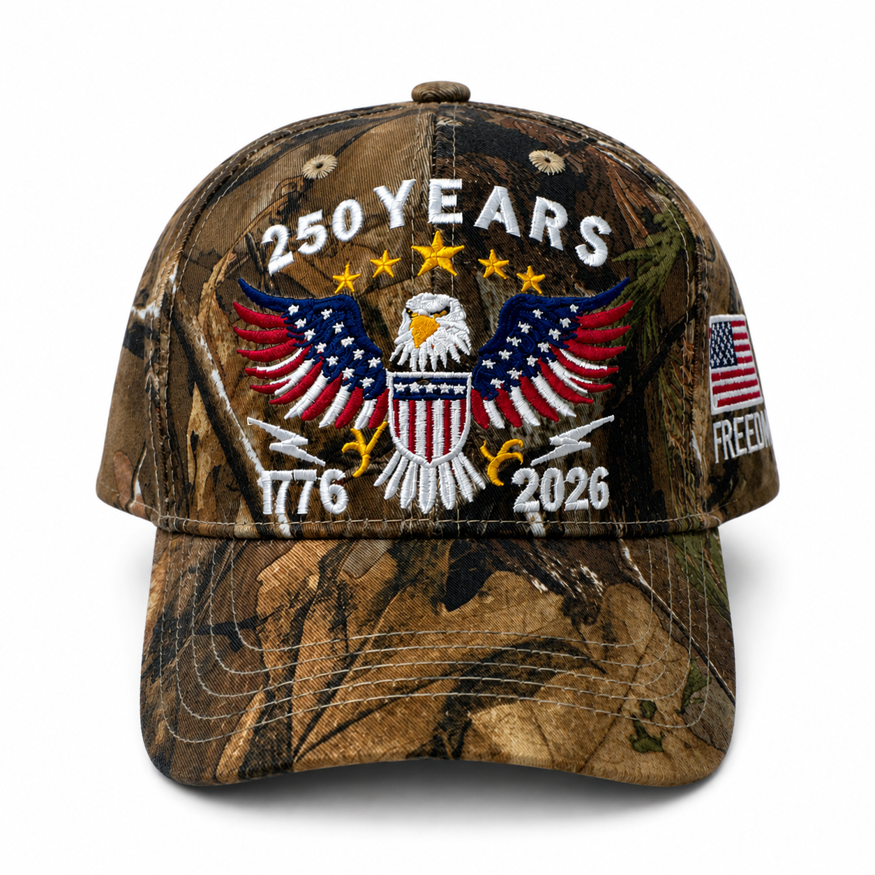 Camouflage cap with 250 Years design featuring an eagle and American flags on a white background