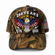 Camouflage cap with 250 Years design featuring an eagle and American flags on a white background