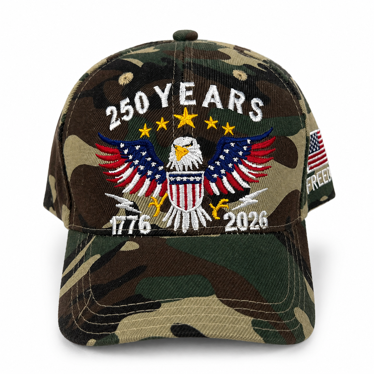 Camouflage cap with 250 Years design featuring an eagle and American flag on a white background