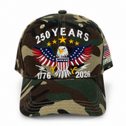 Camouflage cap with 250 Years design featuring an eagle and American flag on a white background