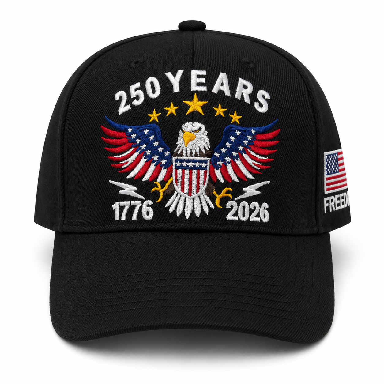 Black cap with eagle emblem and '250 Years 1776-2026' text on a white background