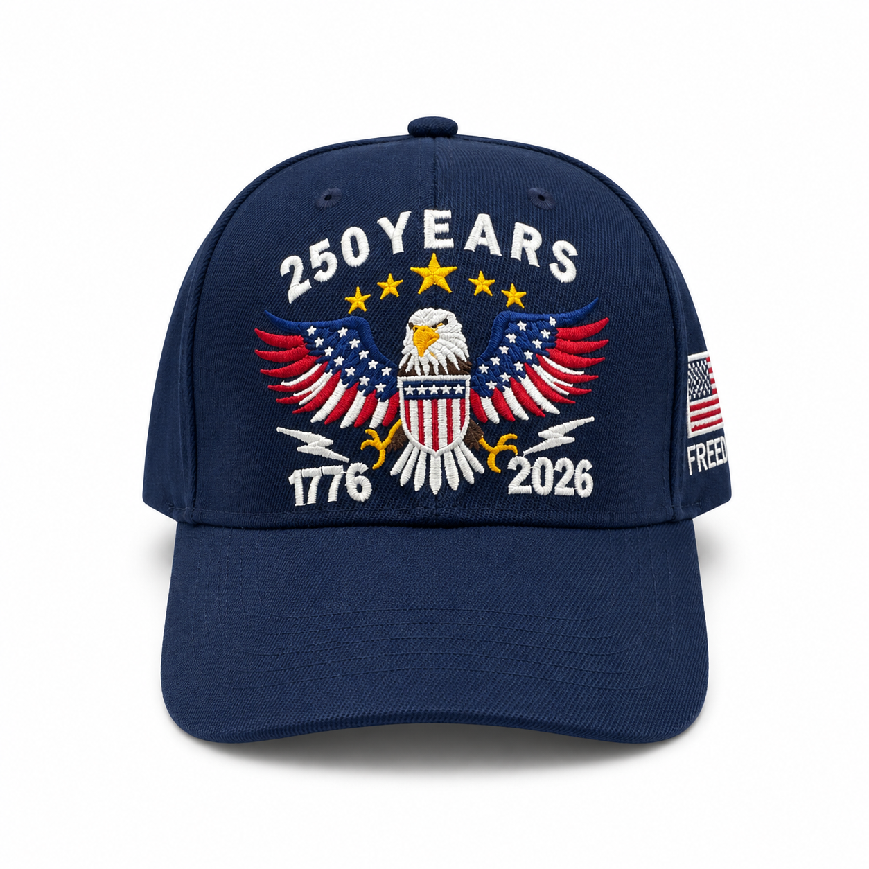 Navy blue cap with eagle emblem and '250 Years 1776-2026' text on a white background