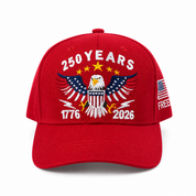 Red cap with eagle emblem and '250 Years 1776-2026' text on a white background