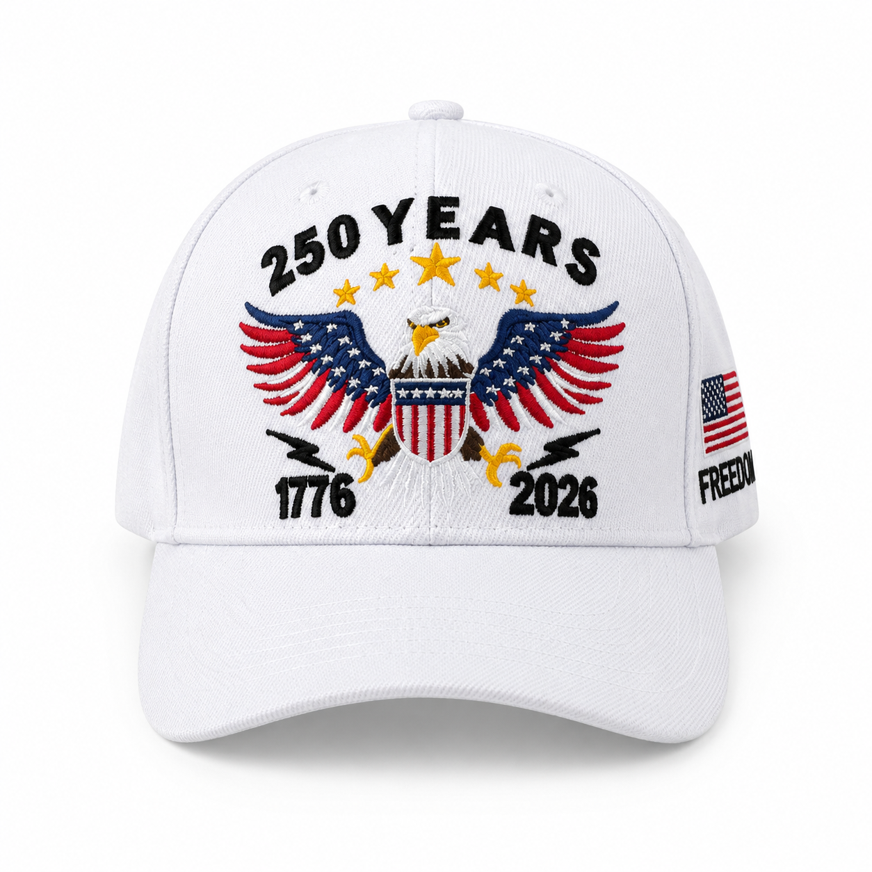 White cap with eagle design and text celebrating 250 years, on a white background