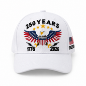 White cap with eagle design and text celebrating 250 years, on a white background