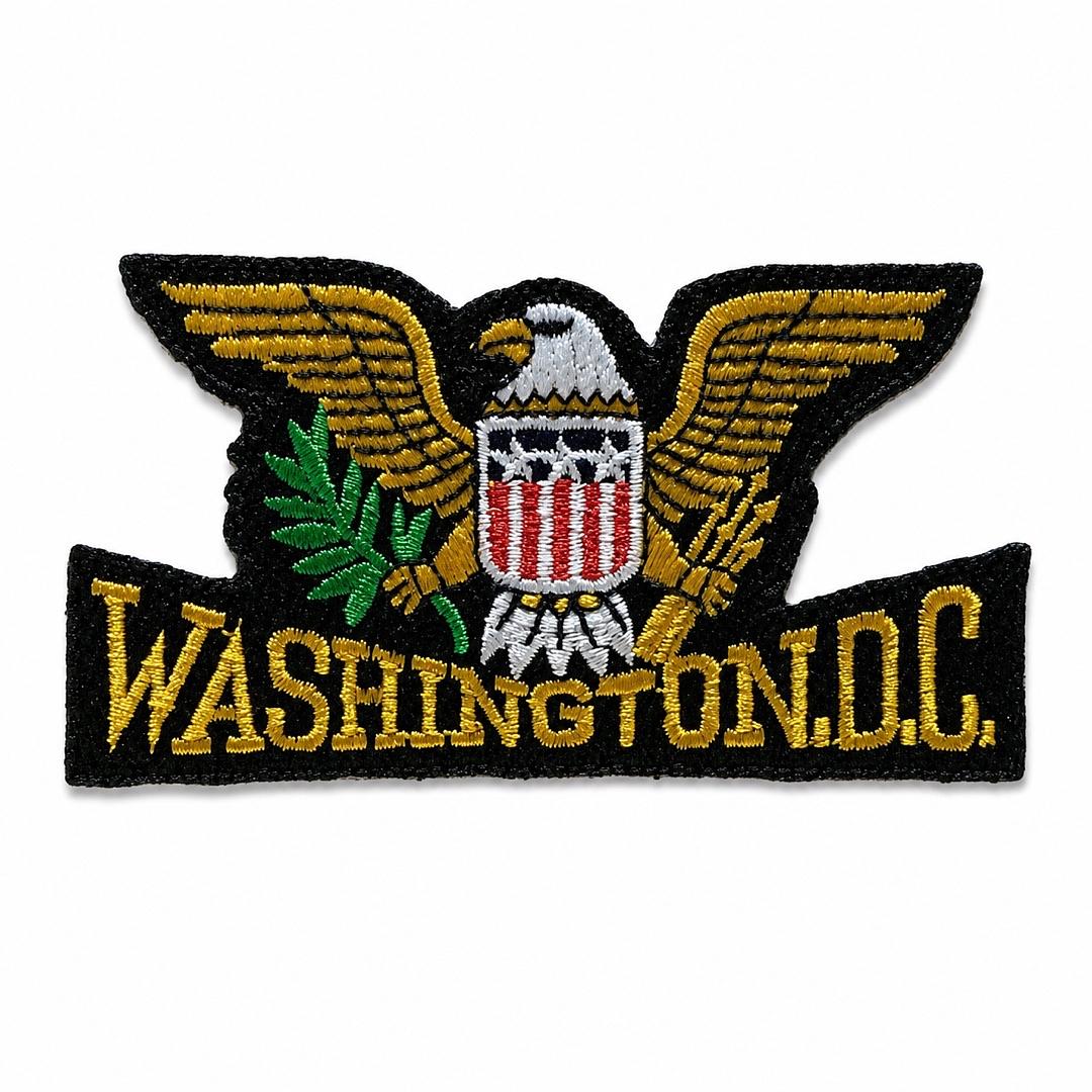 An embroidered patch featuring a bald eagle with spread wings holding an olive branch, a shield with red and white stripes, and the text 'WASHINGTON, D.C.
