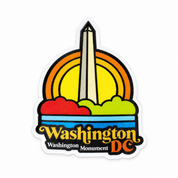 A die-cut sticker featuring the Washington Monument with a retro sunset background and the text 'Washington Monument DC'.