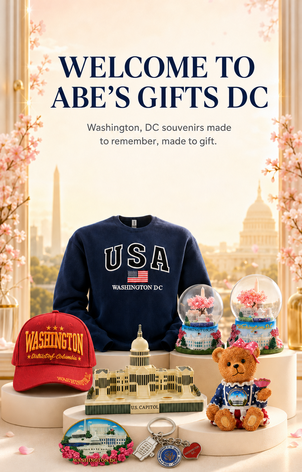 A promotional display of Washington DC souvenirs arranged on pedestals in front of a warm Capitol Hill view. Visible items include a navy USA sweatshirt, a red Washington baseball cap, a miniature Capitol building model, two snow globes, a teddy bear piggy bank in a small patriotic outfit, and a round souvenir keychain and magnet.