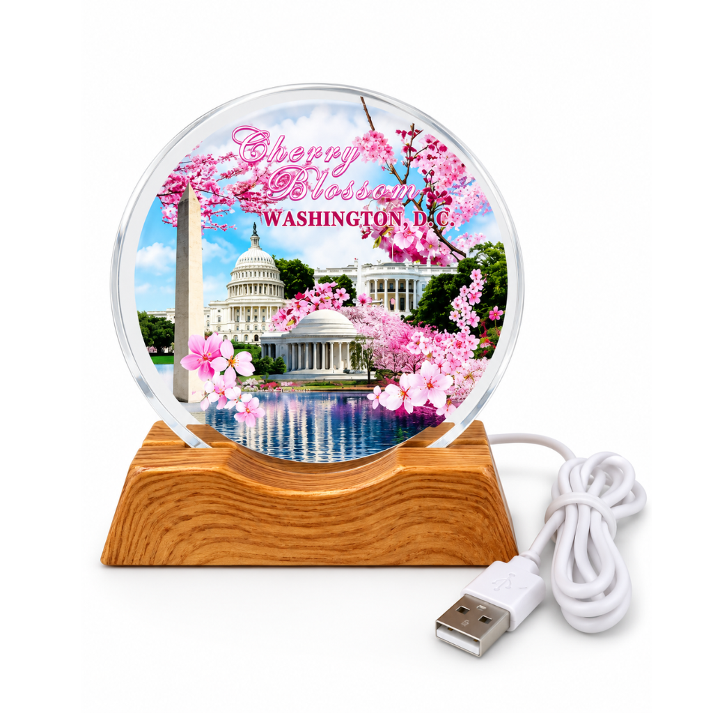 Cherry Blossom Washington DC Crystal Light Reflector with Wooden Base
