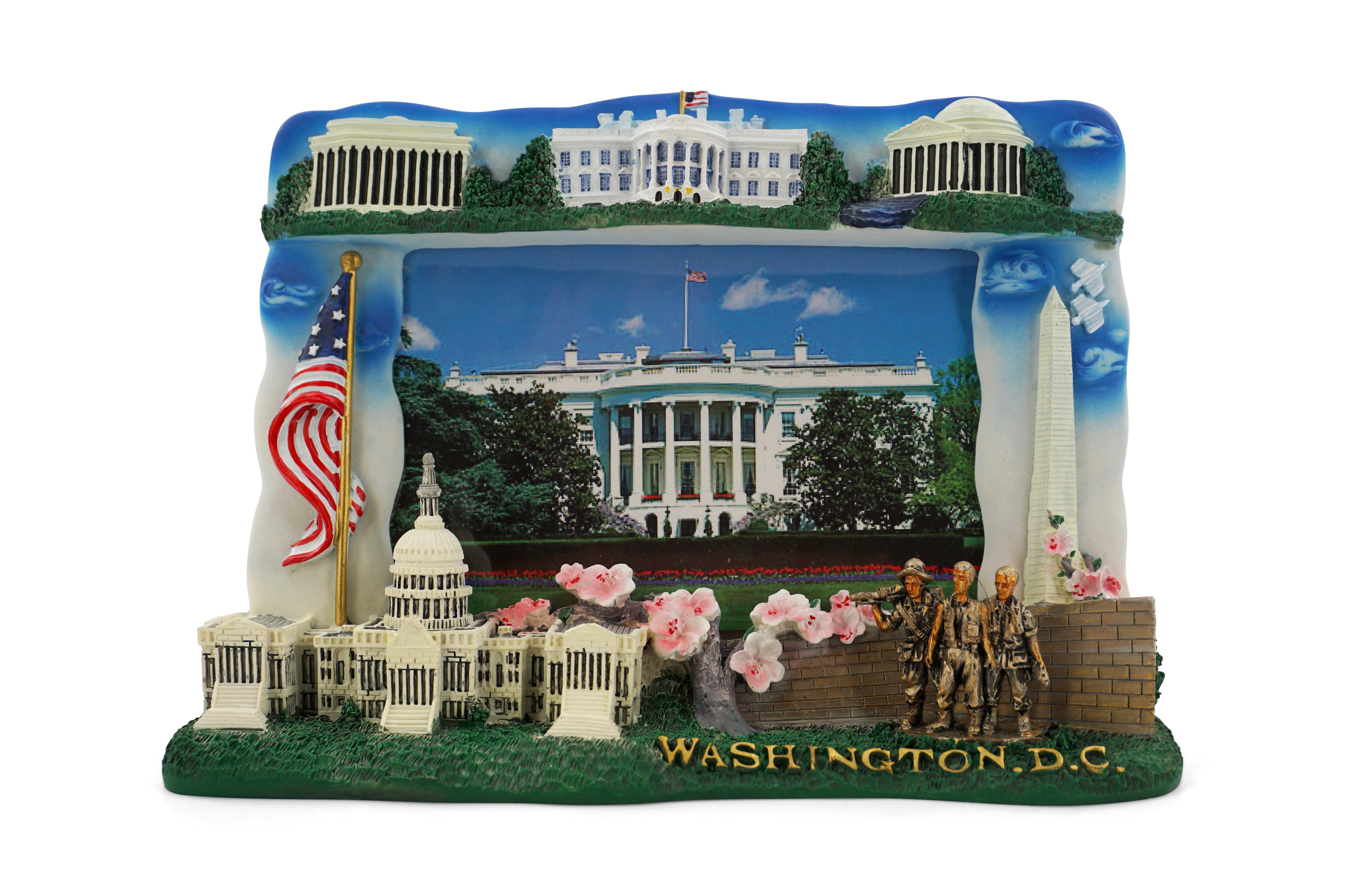 Framed view of Washington D.C. landmarks including the White House, Capitol Building, and Lincoln Memorial.