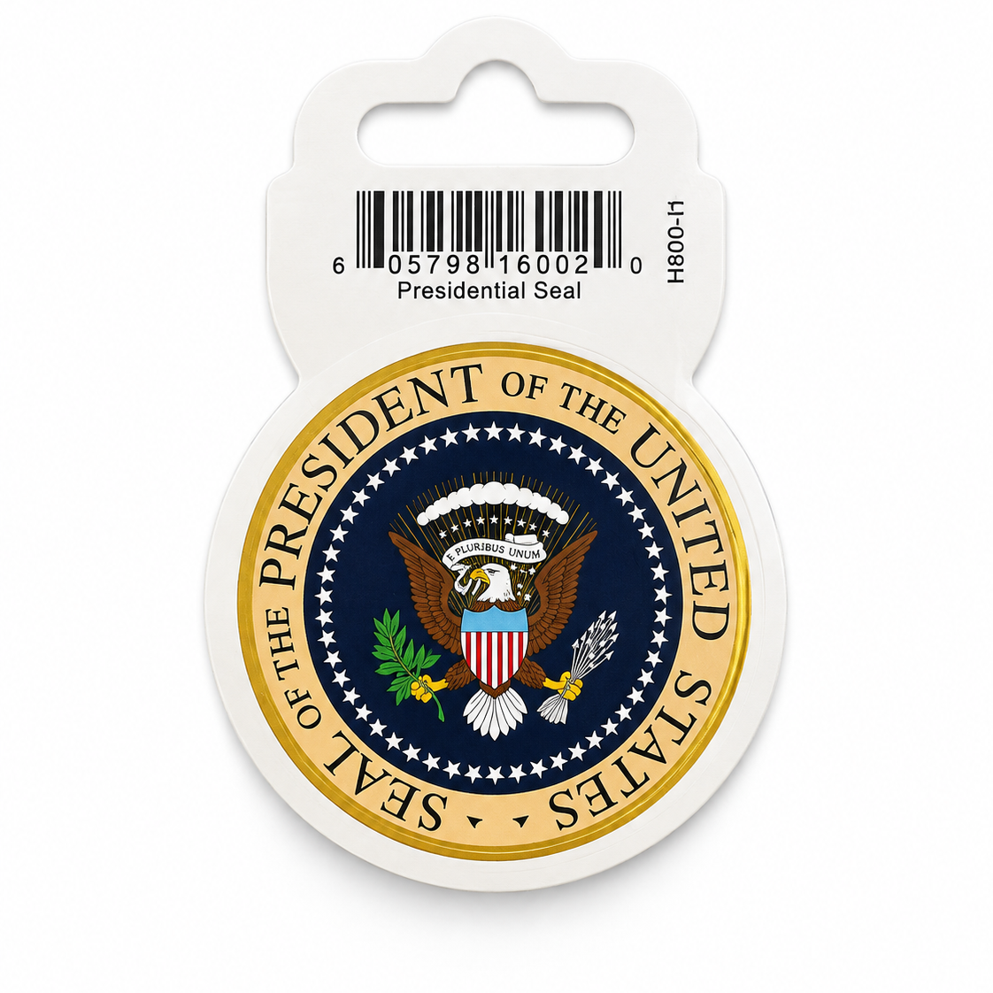 A round Presidential Seal sticker or decal on a white plastic hanger card with a barcode and product code, shown on a plain white background.