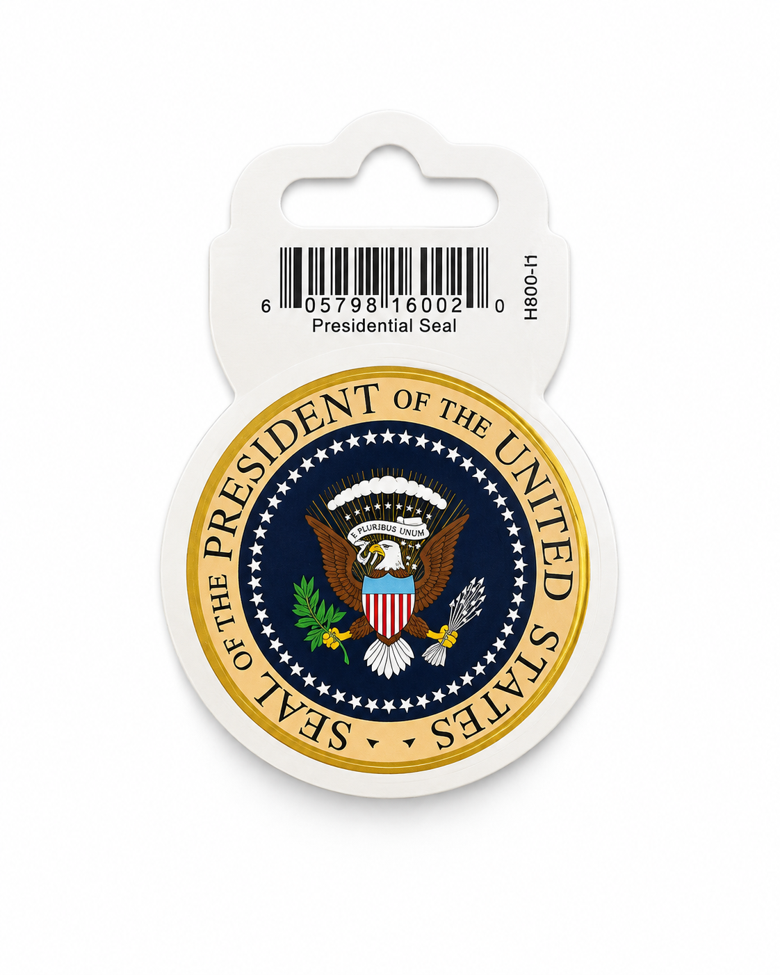 A round Presidential Seal sticker or decal on a white plastic hanger card with a barcode and product code, shown on a plain white background.