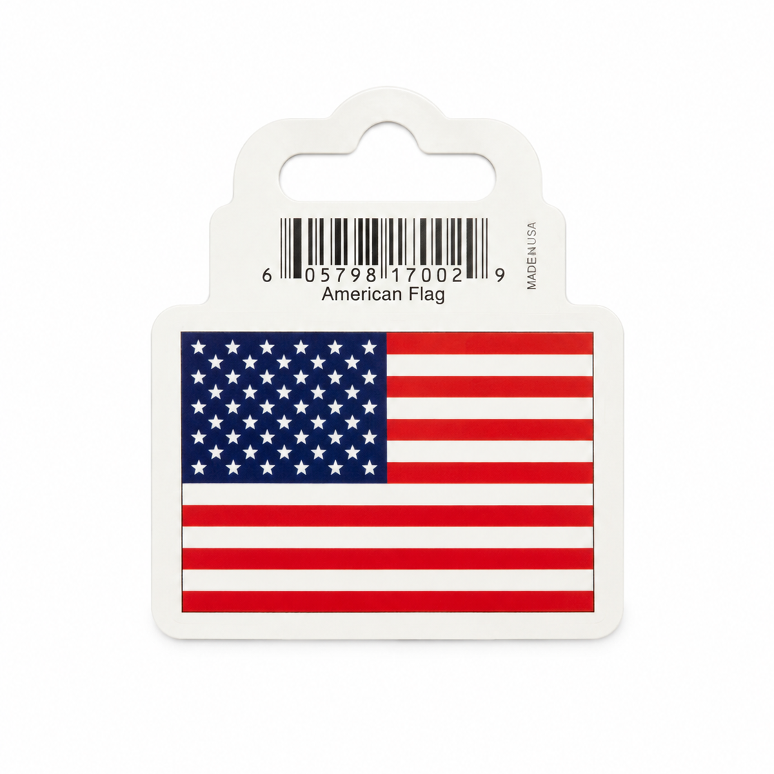 A die-cut white sticker or label featuring the American flag, shown on a white retail hanger card with a barcode and the text 'American Flag' and 'MADE IN USA'.