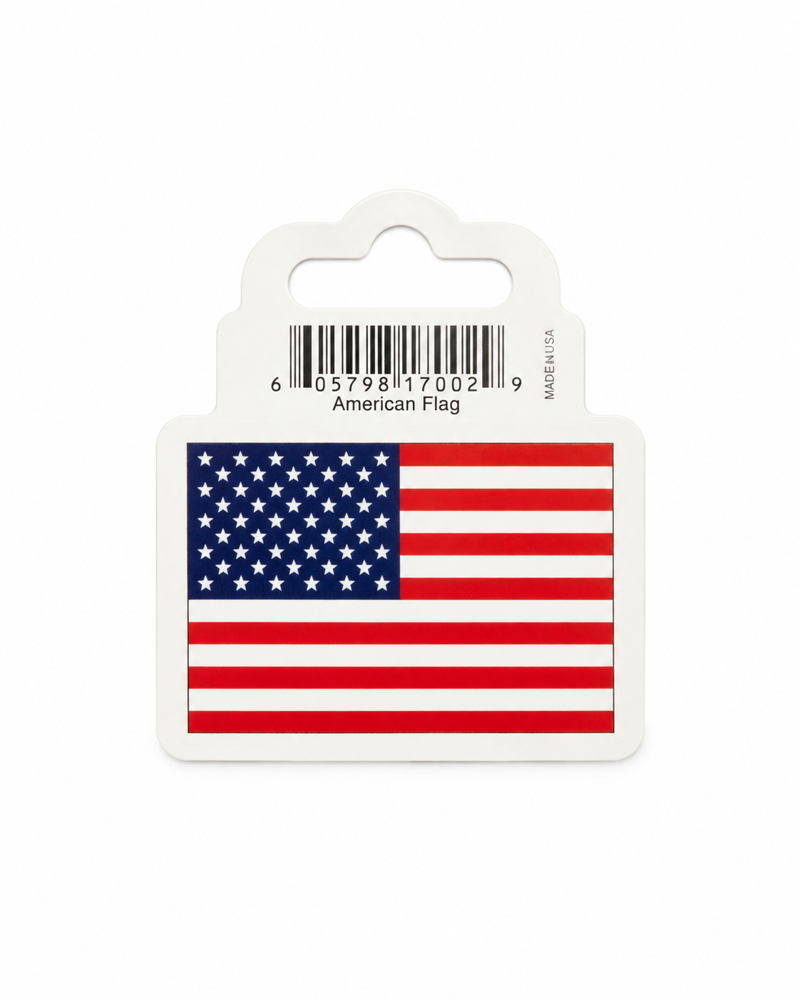A die-cut white sticker or label featuring the American flag, shown on a white retail hanger card with a barcode and the text 'American Flag' and 'MADE IN USA'.