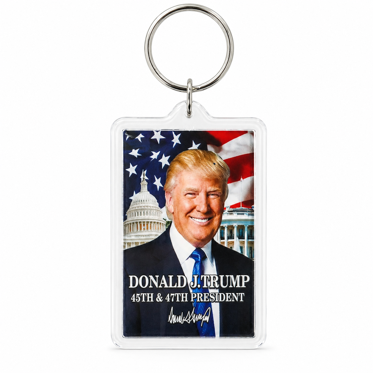 A clear acrylic keychain with a silver metal split ring, featuring a printed portrait of Donald Trump with the text 'DONALD J. TRUMP 45TH & 47TH PRESIDENT' and a signature, set against a white background.